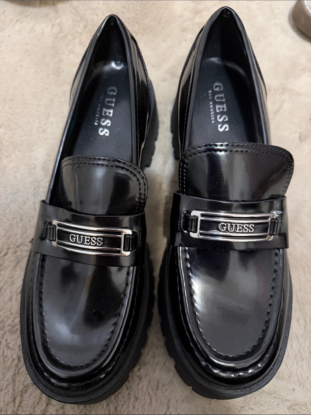 GUESS Black Faux-Leather Chunky Lug Sole Loafers with Silver Hardware “unisex “